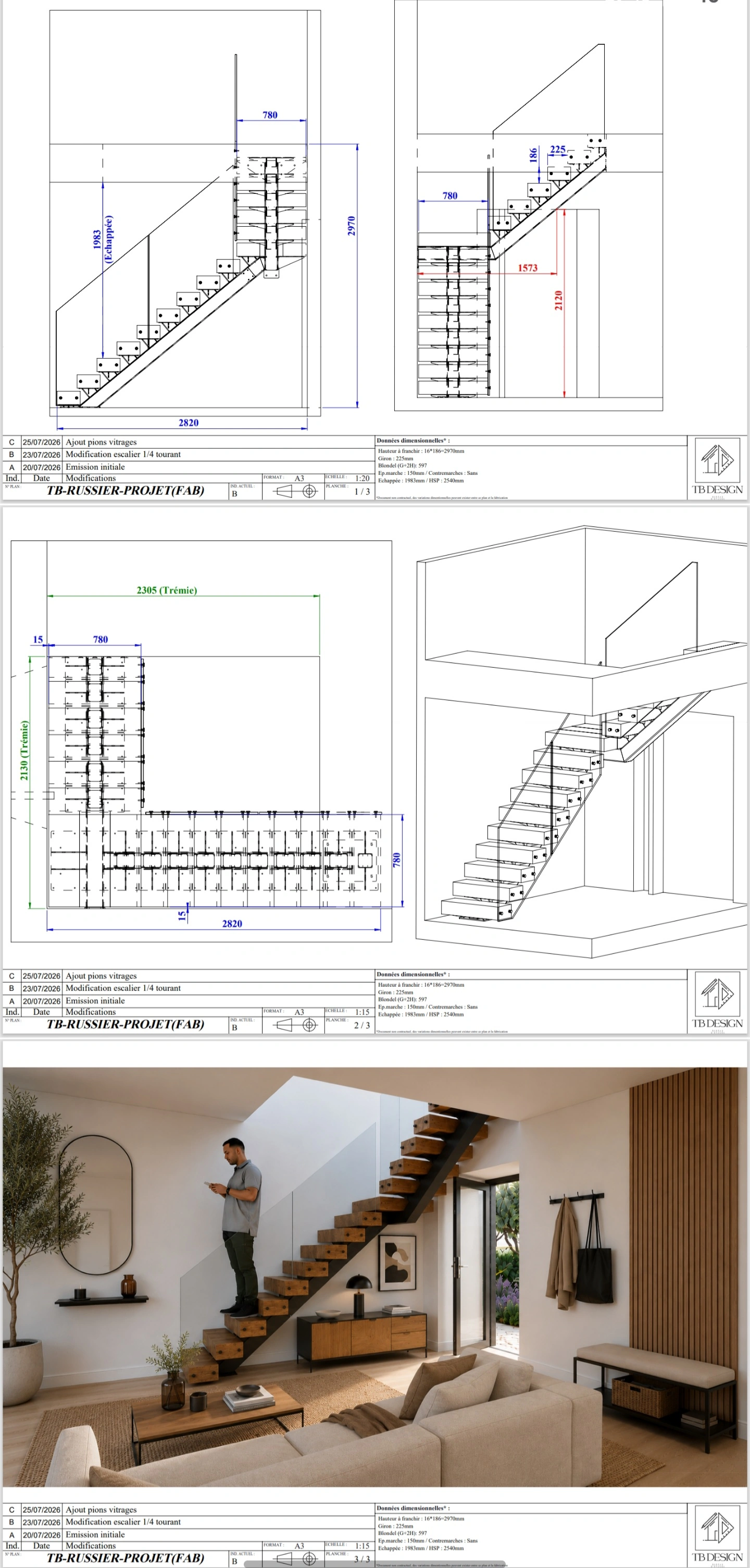 Escalier acier et bois avec garde-corps verre, rendu 3D d'intégration
