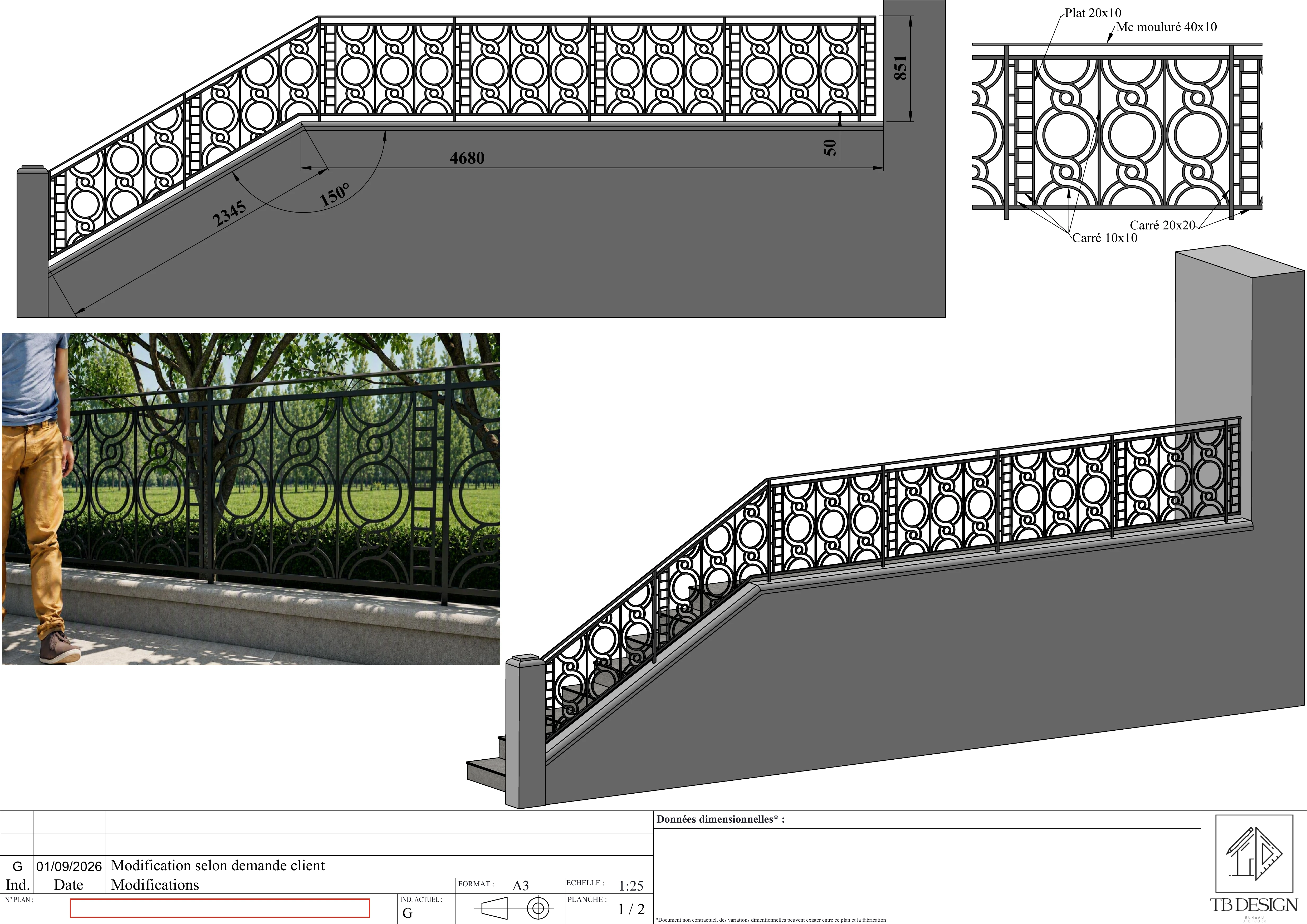 Garde-corps en ferronnerie à motifs ronds pour escalier extérieur, rendu 3D