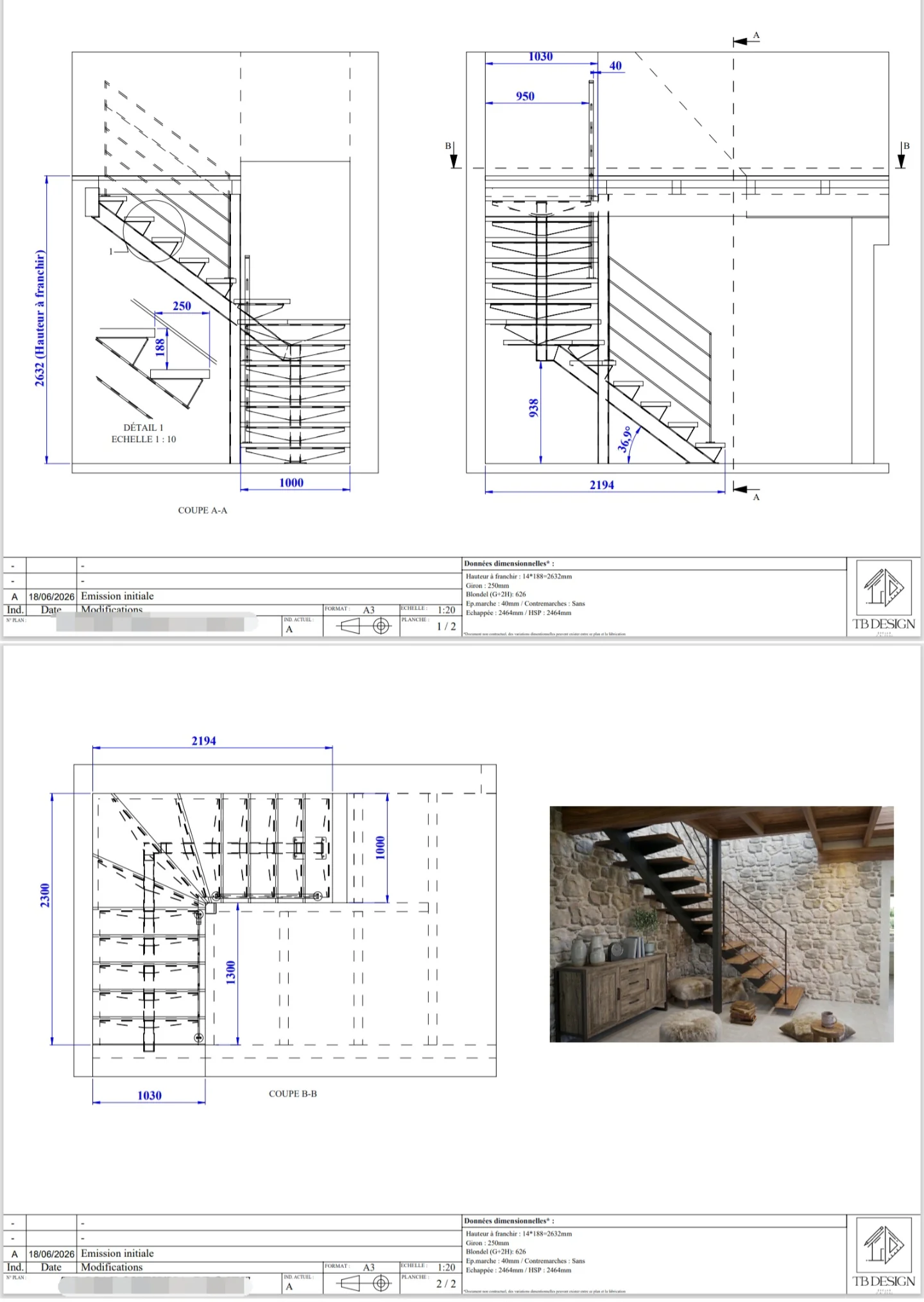 Escalier acier contre mur en pierre apparente avec plans d'exécution