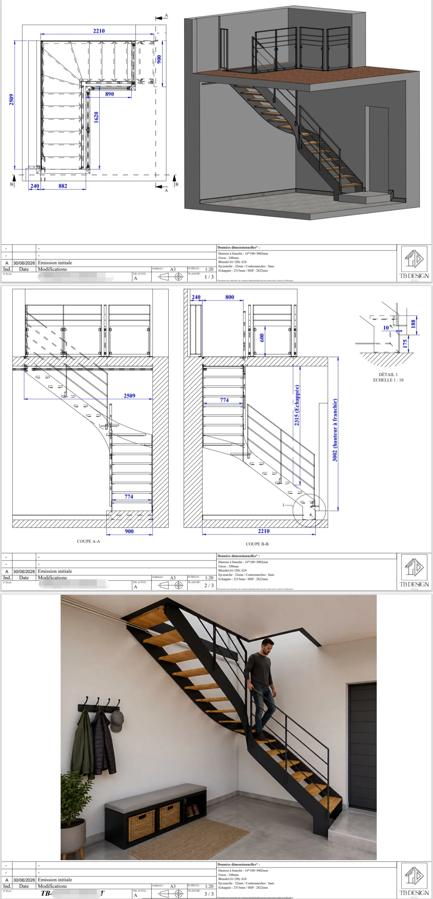 Escalier acier quart tournant avec plans d'exécution