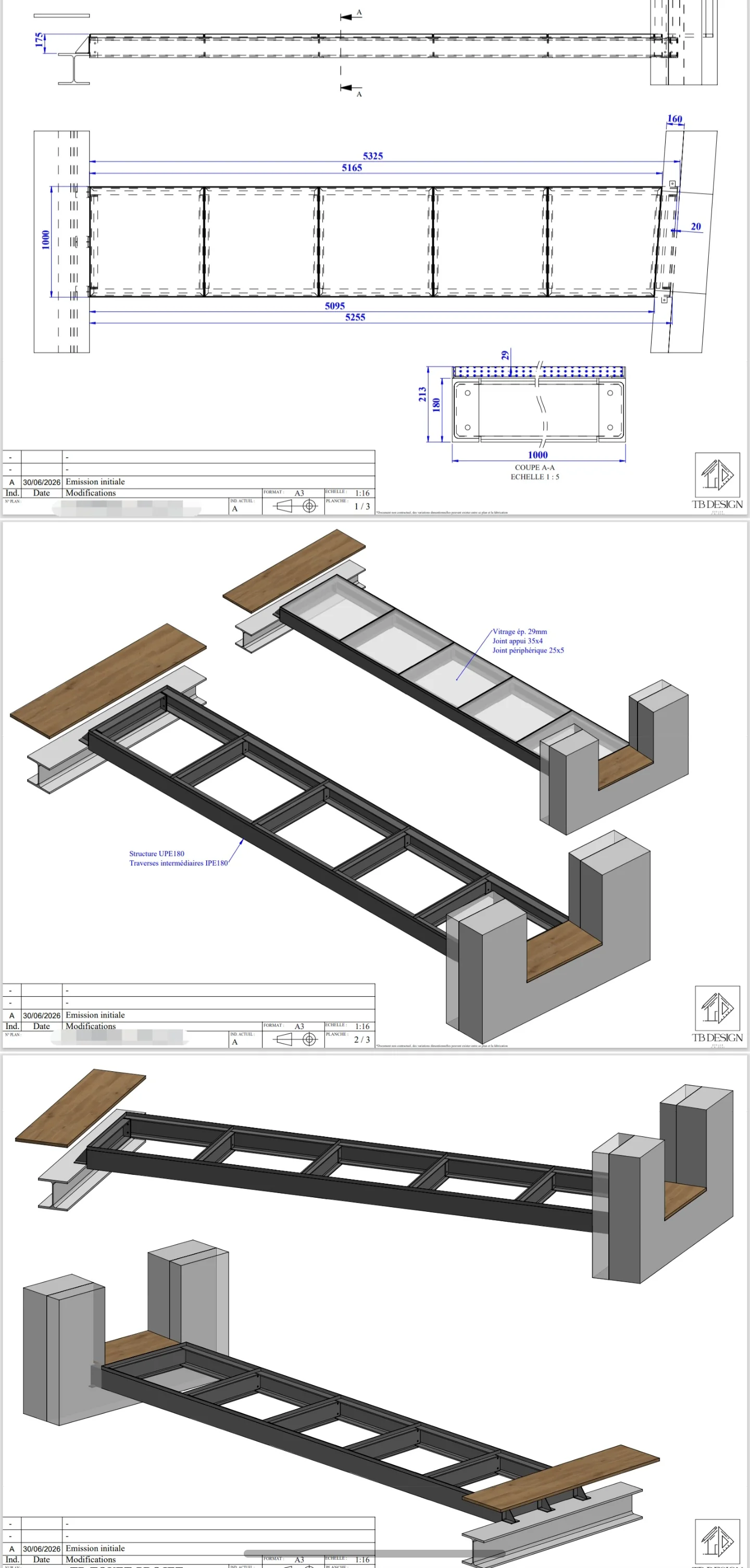 Passerelle vitrée sur structure acier avec plans d'exécution