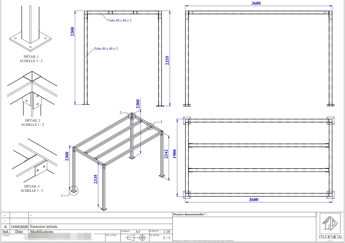 Structure de pergola en tubes acier avec plans d'exécution