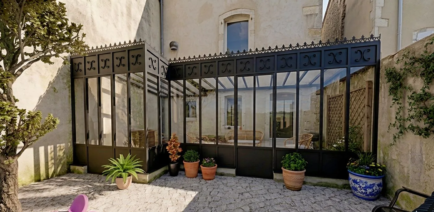 Rendu 3D photoréaliste d'une véranda en acier